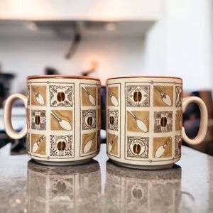 World Coffee Bean Spoon Pattern France Porcelain Gold Rim Coffee Mugs